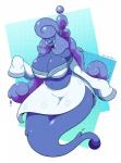 belly big_breasts blue_body blue_hair blue_skin breasts clothing curvy_figure deep_navel dress female hair hair_over_eyes huge_breasts long_hair navel not_furry simple_background solo voluptuous white_clothing white_dress wide_hips shinyillusionz ghost spirit hi_res