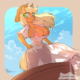 anthro areola areola_slip big_breasts biped blonde_hair blush blush_lines breasts clothed clothing cowboy_hat dress eyelashes female freckled_breasts freckled_ears freckled_face freckles hair hand_on_hip hat headgear headwear long_eyelashes orange_body outside pupils solo standing text white_clothing wide_hips cold-blooded-twilight friendship_is_magic hasbro my_little_pony applejack_(mlp) equid equine mammal 1:1 english_text hi_res