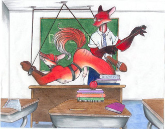 anthro apple bdsm black_body black_fur bodily_fluids bondage book bound brown_body brown_fur butt_slap collar cum cum_from_spanking desk detailed_background dominant dominant_male duo erection eyewear food fruit fur furniture genital_fluids genitals glasses humanoid_genitalia humanoid_penis inside male male/male muzzle_(object) muzzled nipples nude penis plant precum raised_tail red_body red_fur slap spanking student submissive submissive_male table tail tail_bondage tail_tied teacher teacher_and_student white_body white_fur lizebra canid canine fox mammal source_request