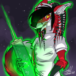 anthro beard black_hair black_nose claws clothed clothing cross ear_tuft facial_hair fur hair handwear headgear headwear male nurse nurse_clothing pseudo_hair red_body red_fur red_tail smile solo syringe tail teeth tentacle_hair tentacles topwear tuft whiskers white_body white_clothing white_fur yellow_sclera zippideezobee lapfox_trax renard_queenston canid canine fox mammal signature