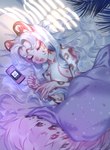 anthro bedroom breasts curled_hair electronics female fur hair headphones inner_ear_fluff markings nipples phone sleeping snow solo spots spotted_body spotted_fur tuft white_body white_fur white_hair alshir0 airpods abigail_(bunnmon) felid mammal pantherine absurd_res hi_res