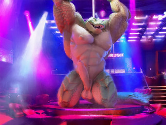 anthro balls big_balls big_muscles big_penis bioluminescence clothing erection genitals glowing glowing_eyes huge_muscles huge_penis humanoid_genitalia humanoid_penis male mature_male muscular nipples non-mammal_balls non-mammal_nipples penis pole sharp_teeth solo stripper stripper_pole teeth undressing tompi_(artist) league_of_legends riot_games tencent renekton crocodilian lizard reptile scalie 4:3