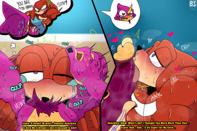 angry anthro big_muscles big_pecs blush bodily_fluids cross-popping_vein deep_throat dialogue drooling duo ellipsis exclamation_point fellatio first_person_view foreskin genital_fluids genital_piercing genitals handjob heart_eyes heart_pupils heart_symbol image_bubble leaking_precum licking looking_pleasured male male/male moan motion_lines muscular muscular_male musk nervous nervous_smile one_eye_closed oral oral_penetration pecs penetration penile penis penis_lick penis_piercing piercing precum prince_albert_piercing pubes pubes_on_face question_mark retracted_foreskin runny_nose saliva sex stray_pubes sweat sweatdrop tears tears_of_pleasure text thought_bubble tongue tongue_out bacon_sama sega sonic_the_hedgehog_(series) espio_the_chameleon knuckles_the_echidna bovid caprine chameleon echidna goat lizard mammal monotreme reptile scalie english_text hi_res