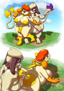 anal anal_penetration animal_genitalia areola balls big_balls big_breasts big_butt big_penis bodily_fluids breasts butt cum cum_inflation cum_inside foreskin gender_transformation genital_fluids genitals gynomorph gynomorph/male holding_tail huge_balls huge_breasts huge_butt huge_penis inflation intersex intersex/male male male_to_female nipples penetration penis puffy_areola puffy_nipples scarf sheath tail text transformation conditional_dnp ori-doggo nintendo pokemon ori_(ori-doggo) generation_2_pokemon pokemon_(species) smeargle absurd_res hi_res japanese_text