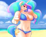 2014 anthro anthrofied beach bikini breasts cleavage clothed clothing cloud colored cutie_mark dessert detailed_background equid equine female food friendship_is_magic hair half-closed_eyes hasbro hi_res holding_food holding_object horn huebris ice_cream long_hair mammal markings multicolored_hair my_little_pony mythological_creature mythological_equine mythology narrowed_eyes navel outside princess_celestia_(mlp) purple_eyes sand seaside sirmasterdufel sketch sky solo sun_(marking) swimwear tongue tongue_out unicorn white_body