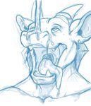 ambiguous_fluids anthro biped ear_piercing fangs front_view horn male open_mouth piercing simple_background snout solo teeth tongue tongue_out white_background knuxlight mythology cobalt_(bahn) dragon mythological_creature mythological_scalie scalie 2013 blue_and_white digital_media_(artwork) monochrome