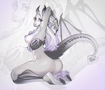 anthro areola biped bottomless breasts butt clothed clothing ear_piercing female grey_body hair heart_tail hooves horn kneeling long_hair looking_at_viewer nipple_piercing nipples piercing side_view simple_background solo tail wings landysh bovid caprine caprine_demon demon goat_demon mammal 2021