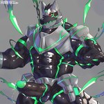 abs anthro armor balls barazoku clothing erection genitals green_eyes latex latex_clothing latex_skinsuit male muscular muscular_anthro muscular_male pecs penis red_sclera skinsuit solo supervillain text tight_clothing monsterplus lifewonders live_a_hero monomasa canid canine canis domestic_dog husky mammal nordic_sled_dog spitz 1:1 absurd_res english_text hi_res