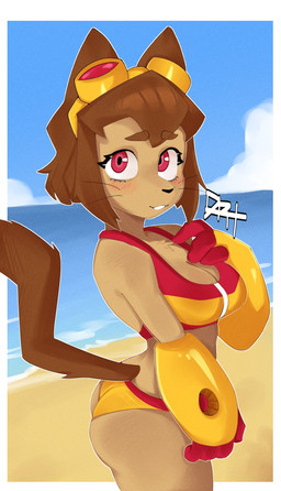 anthro beach bikini black_nose blush breasts brown_body brown_eyebrows brown_hair butt cleavage clothed clothing detailed_background eyebrows eyelashes eyewear eyewear_on_head female goggles goggles_on_head hair looking_at_viewer multicolored_bikini multicolored_clothing multicolored_swimwear red_bikini red_clothing red_eyes red_swimwear sea solo swimwear tail two-piece_swimsuit water whiskers yellow_bikini yellow_clothing yellow_swimwear drt_l0l gameoverse glitch_productions kit_bodega domestic_cat felid feline felis mammal absurd_res hi_res