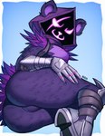 anthro armor boots clothing eye_scar facial_scar female footwear gauntlets gloves handwear hood looking_at_viewer pink_eyes purple_body rear_view scar shadow_face shoes solo magaska19 epic_games fortnite raven_team_leader bear mammal 2023 absurd_res hi_res