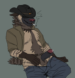 anthro caprisunn3 casual_erection cigarette clothing cowboy_hat dripping erection genitals hat headgear headwear humanoid_genitalia humanoid_penis male penis smoke smoking smoking_cigarette solo caprisunn hyena mammal striped_hyena hi_res