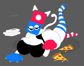 big_breasts big_butt box breasts butt cat_ear_headband cat_tail claws clothing container eyelashes feline_tail female food footwear for_a_head gloves grey_background half-closed_eyes handwear huge_butt legwear logo looking_at_viewer lying narrowed_eyes on_front one-piece_swimsuit pattern_clothing pattern_legwear pattern_thigh_highs paw_gloves paws pizza pizza_box pizza_slice raised_leg simple_background socks solo striped_clothing striped_legwear striped_thigh_highs stripes swimwear thigh_highs thigh_socks white_body pincoosh domino's_pizza humanoid logo_(species) object_head lineless