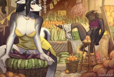 4_toes ambiguous_anthro ambiguous_feral ambiguous_gender anthro anthro_focus apron areola areola_slip bangs basket big_breasts biped black_body black_ears black_fur black_hair black_nose black_tail blush bodily_fluids bok_choy bottomwear bottomwear_around_one_leg bottomwear_down box breasts carrot claws cleavage clitoral_hood clothed clothed_anthro clothed_female clothing clothing_around_one_leg cobblestone container crate crop_top cucumber curly_hair day detailed_background digitigrade dress duo_focus ears_down eggplant eyelashes eyes_closed facial_piercing farmers_market feet female female_anthro female_focus feral flower food freckled_arms freckled_face freckled_legs freckled_thighs freckles fruit fur furniture garlic genital_fluids genitals gold_(metal) gold_jewelry gold_necklace gold_piercing grape group hair humanoid_genitalia humanoid_vulva jewelry lavender_(flower) leek lemon long_eyelashes long_hair looking_aside market melon mouth_closed multicolored_body multicolored_fur navel necklace no_underwear nose_piercing nose_ring onion open_mouth orange_(fruit) outside piercing pink_areola pink_nose pivoted_ears plant pubes public public_exposure pupils purple_clothing purple_crop_top purple_ear_piercing purple_shirt purple_topwear raised_clothing raised_dress raised_leg red_eyes ring_piercing rope septum_piercing septum_ring shirt shorts shorts_around_one_leg sign sitting snout spread_legs spreading stool surprised tail text toe_claws toes topwear two_tone_body two_tone_fur two_tone_nose two_tone_tail vaginal_fluids vegetable vulva white_body white_bottomwear white_claws white_clothing white_fur white_inner_ear white_shorts white_tail yellow_body yellow_clothing yellow_dress yellow_fur yellow_tail lameboast artica_(lameboast) strife_(lameboast) canid canine canis domestic_cat domestic_dog felid feline felis husky hybrid mammal nordic_sled_dog spitz wolfdog 2026 artist_name hi_res shaded