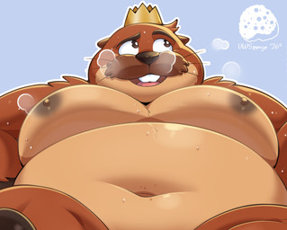 anthro belly big_belly big_moobs bodily_fluids brown_body crown headgear king male mature_male moobs navel nipples open_mouth overweight overweight_male royalty solo sweat whiskers uwsponge disney hoppers_(disney) pixar king_george_(hoppers) beaver mammal rodent 2026