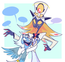 anthro apode back_wings black_speech_bubble blue_body blue_eyes blue_skin blush bow_tie clothed clothing duo fangs feathered_wings feathers freckled_face freckles halo hat headgear headwear hug jacket larger_anthro legless male serpentine simple_background size_difference smaller_humanoid smile speech_bubble teeth top_hat topwear wings zoot_suit emositecc hazbin_hotel hellaverse helluva_boss moxxie_(helluva_boss) sir_pentious_(hazbin_hotel) angel angel_humanoid draconcopode humanoid naga reptile scalie snake colored hi_res
