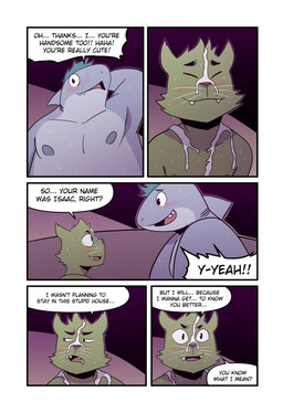 after_sex anthro blush bodily_fluids cum cum_drip cum_on_chest cum_on_face cum_on_shoulder cute_fangs dialogue dripping drooling duo embarrassed eye_contact eyes_closed fangs five_frame_image fur genital_fluids gills green_body green_fur green_hair grey_body hair hand_behind_head hopeful looking_aside looking_at_another male male/male mohawk neck_fin nipples non-mammal_nipples saliva smile speech_bubble sweat teeth teeth_showing text whiskers t0l0k isaac_(t0l0k) ted_(t0l0k) aquatic canid canine canis domestic_dog fish mammal shark comic english_text hi_res