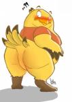 ambiguous_gender blush clothing featureless_crotch looking_back obese obese_ambiguous overweight overweight_ambiguous shirt simple_background solo topwear white_background hehky final_fantasy square_enix fat_chocobo avian chocobo 2016 hi_res signature