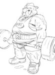 anthro barbell bodily_fluids bottomwear bulge clothed clothing exercise hat headgear headwear humanoid_hands kemono male overweight overweight_male scar shorts simple_background solo sweat weightlifting workout yamakake mammal marine pinniped walrus 2022 hi_res monochrome