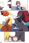 anthro big_breasts breast_squish breasts breasts_frottage clothing female fighting_over_boy fur hair inner_ear_fluff simple_background squish tuft yellow_body yellow_fur san_ruishin nintendo pokemon calem_(pokemon) canid canine delphox generation_5_pokemon generation_6_pokemon human mammal pokemon_(species) zoroark 2:3 absurd_res comic hi_res