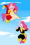 anthro anthrofied blue_eyes clothing cloud detailed_background duo female flying hair outside parody pink_hair sky skyscape square_crossover tail xxdaimonxx dc_comics friendship_is_magic hasbro my_little_pony black_adam captain_marvel_(dc) pinkamena_(mlp) pinkie_pie_(mlp) shazam earth_pony equid equine horse mammal pony 2:3 hi_res