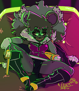anthro buckteeth female freckled_face freckles glowing glowing_eyes green_eyes gun handgun nightclub pose ranged_weapon revolver scar solo spread_legs spreading teasing teeth weapon the_last_viper miss_plague mammal murid murine rat rodent undead zombie pinup