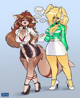 ankle_strap_heels anthro big_breasts black_bottomwear black_choker black_clothing black_footwear black_high_heels black_jewelry black_necklace black_skirt blonde_hair blue_eyeshadow blush bottomwear bra breasts brown_body brown_fur brown_hair choker cleavage clothed clothed_anthro clothed_female clothing dialogue duo ear_piercing eyeshadow female footwear fur green_clothing green_eyes green_shirt green_topwear hair high_heels jewelry long_hair makeup necklace pencil_skirt piercing red_bra red_clothing red_underwear secretary shirt shoes skirt speech_bubble text thick_thighs topwear underwear white_bottomwear white_bra white_clothing white_footwear white_high_heels white_shirt white_skirt white_topwear white_underwear wide_hips yellow_body yellow_fur jamoart heartdot_(vittorialockheart) katie_shrine felid feline lagomorph leporid mammal rabbit 2025 absurd_res english_text hi_res