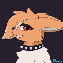 choker collar ears_back eyeliner feral fur hair_over_face jewelry looking_at_viewer makeup necklace orange_body orange_fur pivoted_ears simple_background smug solo spiked_collar spikes magadan nintendo pokemon eleanor_(primsylveon) eevee generation_1_pokemon pokemon_(species) 1:1