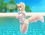 alternate_species anthro anthrofied bdsm beach big_breasts blonde_hair bondage bound bound_midriff breasts butt canid canine cleavage clothed clothing dialogue digital_media_(artwork) english_text female fox fox_samus_aran fur furrification hair inviting looking_at_viewer mammal metroid nintendo nipples nude outside palm_tree plant restraints rope rope_bondage samus_aran seaside shaded side_view skinny_dipping solo speech_bubble talking_to_viewer text tree tropical water wet wyla yellow_body yellow_fur