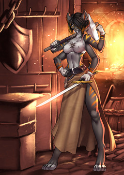 4_arms anthro belt biped black_hair blacksmith chain clothed clothing digitigrade fangs female fluffy_ears gloves hair hammer handwear hanger melee_weapon midriff multi_arm multi_limb nipple_outline sabertooth_(anatomy) shield solo standing stripes sword teeth tight_top tools weapon yellow_eyes alanscampos setsuko felid mammal prehistoric_species saber-toothed_tiger 2015 absurd_res hi_res