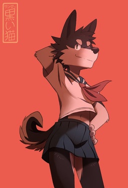 5_fingers anthro black_body blue_bottomwear blue_clothing blue_skirt bottomwear clothed clothing crossdressing crossdressing_male fingers hand_behind_head hand_on_hip male midriff miniskirt monotone_background navel pleated_skirt red_background school_uniform shirt simple_background skirt solo topwear uniform white_clothing white_shirt white_topwear koiyaroid chris_(koiyadroid) canid canine canis domestic_dog husky mammal nordic_sled_dog spitz hi_res signature