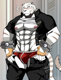 anthro areola blue_eyes blush bottomwear bottomwear_down bulge clothed clothing clothing_lift fingerless_gloves fur gloves handwear locker looking_at_viewer male muscular muscular_anthro muscular_male pants pants_down partially_clothed shirt shirt_lift solo striped_body striped_fur stripes text topwear white_body white_fur bearlovestiger13 grimoire_of_zero mercenary_(grimoire_of_zero) felid mammal pantherine tiger 2017 english_text hi_res