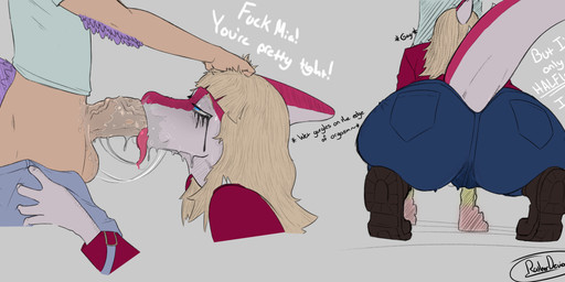 anthro balls big_balls big_butt big_penis blonde_hair blue_eyes bodily_fluids bone_frill boots bottomwear bottomwear_down brown_boots brown_clothing brown_footwear bubble_butt butt clothed clothing denim denim_bottomwear denim_clothing dialogue duo elbow_feathers erection feathered_tail feathers fellatio female footwear frill_(anatomy) genital_fluids genitals hair hair_grab huge_butt huge_penis humanoid_genitalia humanoid_penis jacket jeans long_hair long_tail magenta_body magenta_scales makeup male male/female mascara mood_lighting multicolored_body multicolored_scales oral oral_penetration pants pants_down partially_clothed penetration penile penis purple_body purple_feathers red_clothing red_jacket red_topwear running_makeup running_mascara saliva saliva_on_balls saliva_on_penis saliva_string scales sex shoes snout spiked_tail spikes spikes_(anatomy) tail tan_body tan_scales text tongue tongue_out tongue_out_fellatio topwear touching_hair two_tone_body two_tone_scales vaginal_fluids vaginal_fluids_through_clothing vein veiny_penis wet wet_clothing white_body white_scales wide_hipped_anthro wide_hipped_female wide_hips ratherdevious cavemanon_studios goodbye_volcano_high i_wani_hug_that_gator ko_op_(game_developer) mia_moretti sage_(gvh) dinosaur dromaeosaurid feathered_dinosaur feathered_scalie hadrosaurid microraptor ornithischian ornithopod parasaurolophus prehistoric_species reptile saurischian scalie theropod 2025 absurd_res artist_name digital_media_(artwork) english_text hi_res watermark