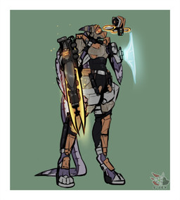 ambiguous_gender anthro calliope_(mintyavali) clothed clothing drone fully_clothed shield solo standing three-quarter_view weapon weapon_arm sjey_arts avali colored_line_art digital_media_(artwork) hi_res tagme