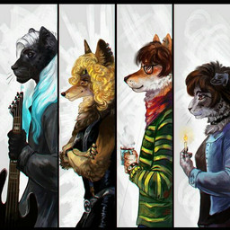 5_fingers anthro bass_guitar black_nose blonde_hair brown_eyes brown_hair clothed clothed_anthro clothed_female clothed_male clothing electric_guitar eyewear female female_anthro fingers glasses group guitar hair holding_object male male_anthro musical_instrument plucked_string_instrument pose side_view smile standing string_instrument pennawings ornstein_ren_(character) canid canine canis domestic_cat domestic_dog felid feline felis fox mammal pantherine 1:1 2017 digital_media_(artwork) multiple_images portrait three-quarter_portrait
