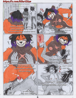 anthro black_hair black_nose bodily_fluids cum cum_in_vagina cum_inside dialogue female female_penetrated fur genital_fluids genitals group hair male male/female male_penetrating male_penetrating_female nude orange_body orange_fur penetration penile penile_penetration penis penis_in_vagina purple_hair red_penis sex trio vaginal vaginal_penetration white_body white_fur allartskye skye_(allartskye) sphynx_(allartskye) ailurid mammal red_panda comic hi_res traditional_media_(artwork)