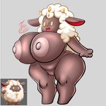 anthro areola big_breasts black_body breasts breasts_bigger_than_head female floppy_ears fur genitals horn huge_breasts nipples nude nude_female open_mouth pussy short_stack simple_background simple_eyes simple_nose solo thick_thighs white_body white_fur white_wool wide_hips wool_(fur) connthicc palworld pocketpair bovid caprine lamball mammal pal_(species) sheep 1:1 hi_res signature