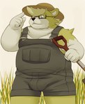 anthro belly big_belly bulge clothing eyewear glasses green_body hat headgear headwear humanoid_hands kemono male overalls overweight overweight_male shovel solo tools meg_hoi canid canine canis domestic_dog mammal 2023