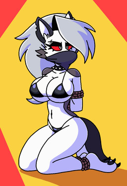 alternative_fashion annoyed anthro bdsm big_breasts bikini bondage bound breasts captured cloth_gag clothing collar curvy_figure eyebrow_piercing facial_piercing female fur gag goth grey_body grey_fur grey_hair hair kneeling piercing red_eyes restraints rope rope_bondage solo spiked_collar spikes swimwear tail thick_thighs two-piece_swimsuit white_body white_fur wide_hips jaxattax hellaverse helluva_boss mythology loona_(helluva_boss) canid canid_demon canine demon hellhound mammal mythological_canine mythological_creature hi_res