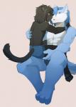 4_fingers 4_toes anthro anthro_on_anthro black_body black_fur blue_body blue_eyes blue_fur blue_hair duo feet fingers fur hair male male/male orange_eyes simple_background toes white_background lunarez canid canine canis domestic_cat felid feline felis mammal wolf