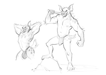 anthro bottomwear bulge claws clothing club_(weapon) detailed_bulge ear_piercing ear_ring fur genital_outline hands_behind_head loincloth looking_at_viewer male markings melee_weapon nipples notched_ear penis_outline piercing ring_piercing solo spots spotted_body spotted_fur toe_claws weapon zepthehyerian disney the_lion_king banzai_(the_lion_king) hyena mammal spotted_hyena hi_res monochrome sketch