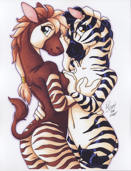 anthro breasts butt convenient_censorship duo female female/female hand_on_breast looking_at_viewer navel nude side_view stripes tail tail_censorship michele_light equid equine giraffid mammal okapi zebra 2004 absurd_res censored hi_res signature traditional_media_(artwork)