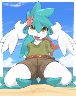 5_fingers anthro beach belt biped blue_hair bottomwear breasts brown_eyes clothed clothed_anthro clothed_female clothing cloud day female fingers front_view fully_clothed fully_clothed_anthro fully_clothed_female fur hair horn kneeling open_mouth open_smile outside pants sand sea shirt shorts sky smile solo spread_legs spreading t-shirt tongue topwear water white_body white_fur white_horn zinfyu nintendo pokemon generation_4_pokemon legendary_pokemon pokemon_(species) shaymin shiny_pokemon sky_forme_shaymin 2025 absurd_res digital_drawing_(artwork) digital_media_(artwork) hi_res