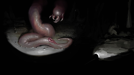 animal_genitalia blind cave creepy detailed_background disability eyeless female feral flashlight genitals nude open_mouth presenting presenting_vulva serpentine solo vulva meandraco lyluk alien junar monster worm 16:9 hi_res shaded widescreen