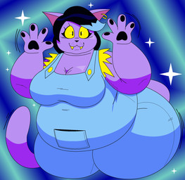 anthro belly belly_overhang big_belly big_breasts black_hair black_pawpads blue_background blue_highlights breasts cleavage clothed clothing double_chin ear_piercing ear_ring fangs female gesture hair highlights_(coloring) huge_hips huge_thighs looking_at_viewer love_handles obese obese_anthro obese_female overalls overweight overweight_anthro overweight_female pawpads piercing purple_body ring_piercing simple_background smile solo standing tail teeth thick_thighs waving wide_hips yellow_sclera stupidgamer201 hey_dude_hypnotizes_you undertale_(series) catty_cattenheimer domestic_cat felid feline felis mammal 2025 digital_drawing_(artwork) digital_media_(artwork) hi_res portrait three-quarter_portrait