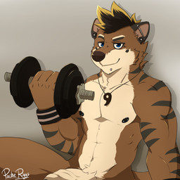 abs anthro athletic beaded_jewelry beaded_necklace beads biceps biped black_hair blue_eyes brown_body brown_fur countershading crotch_tuft dumbbell ear_piercing exercise facial_piercing fur genitals hair humanoid_genitalia humanoid_penis jewelry looking_at_viewer magatama male muscular muscular_anthro muscular_male navel necklace nipple_piercing nipples nude nude_workout pecs pendant penis piercing simple_background sitting smile smirk solo tuft vein veiny_penis weightlifting weights workout pache_riggs kyo_(kiasano) canid canine canis domestic_dog hybrid mammal mustelid otter 1:1 2018 digital_media_(artwork) hi_res