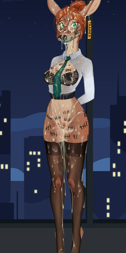 accessory after_gangbang after_sex anthro bodily_fluids body_writing bottomless bottomless_anthro bottomless_female bra breasts brown_body brown_fur clothed clothing cloven_hooves collared_shirt cum cum_drip cum_everywhere cum_in_mouth cum_in_vagina cum_inside cum_on_breasts cum_on_face cum_on_leg dress_shirt dripping eyelashes eyewear female freckled_face freckles front_view fur genital_fluids genitals glasses green_eyes hair hair_bun hooves leaking_cum legwear lingerie makeup mascara messy necktie night office orange_hair pantyhose pubes round_glasses running_makeup running_mascara shirt slim_anthro slim_female solo star tally_marks thigh_highs topwear underwear unprofessional_behavior vulva wearing_glasses window thehashbaron grace_(thehashbaron) deer mammal absurd_res hi_res