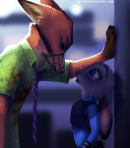 anthro bodily_fluids clothed clothing duo female fur grey_body grey_fur male muzzle_(object) muzzled orange_body orange_fur purple_eyes standing tears wire_basket_muzzle neytirix disney zootopia judy_hopps nick_wilde canid canine fox lagomorph leporid mammal rabbit red_fox true_fox hi_res