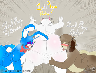 after_anal after_oral after_rimming anal anthro anus backsack balls big_butt blue_body blush bodily_fluids bow_tie breath brown_background brown_body brown_fur butt dialogue femboy fur genitals group huge_butt leg_grab machine male male/male male_rimming_male nude oral panting rimming saliva sex simple_background text thick_thighs tongue tongue_out trio white_body white_fur masterj291 animal_crossing deltarune five_nights_at_freddy's five_nights_at_freddy's_2 nintendo patreon scottgames undertale_(series) digby_(animal_crossing) ralsei toy_bonnie_(fnaf) animatronic bovid canid canine canis caprine domestic_dog goat lagomorph leporid mammal rabbit robot 2026 digital_media_(artwork) english_text hi_res