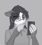 anthro black_hair cigarette clothing electronics eyewear female fur glasses gloves_(marking) grey_body grey_fur hair holding_object holding_phone looking_at_object looking_at_phone markings phone round_glasses shirt smoking smoking_cigarette solo topwear wearing_glasses mortarionlordofdeath brie_(devildjmachine) american_opossum mammal marsupial bust_portrait hi_res monochrome portrait