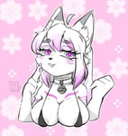 anthro bedroom_eyes bell bell_collar big_breasts bikini bikini_top breasts clothing collar eyelashes female flower fur magenta_hair narrowed_eyes nipple_outline plant purple_eyes seductive solo swimwear two-piece_swimsuit white_body white_fur izukuri vulpy_vulpine canid canine fox mammal bust_portrait hi_res portrait